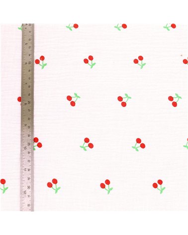 Tissu double gaze imprimée cerise fond blanc au mètre