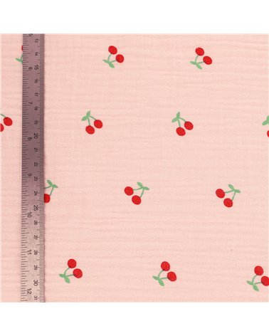 Tissu double gaze imprimée cerise fond rose au mètre