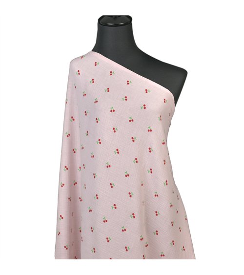 Tissu double gaze imprimée cerise fond rose au mètre
