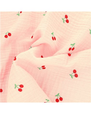 Tissu double gaze imprimée cerise fond rose au mètre