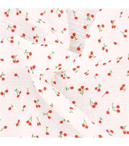 Tissu double gaze imprimée petites cerises au mètre