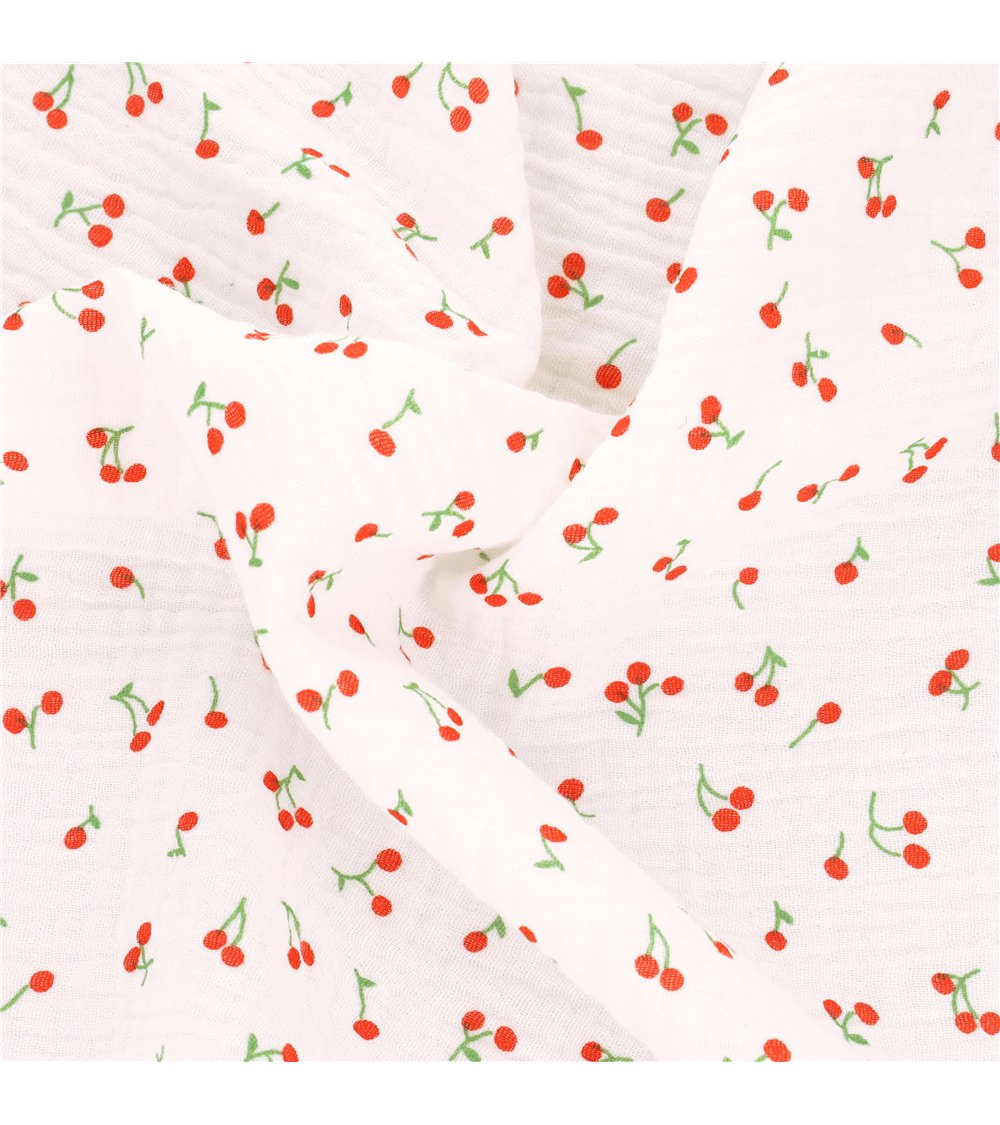 Tissu double gaze imprimée petites cerises au mètre