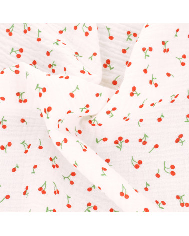 Double gauze fabric printed with small cherries by the meter