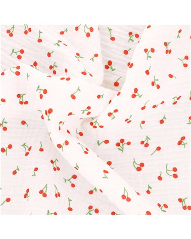 Tissu double gaze imprimée petites cerises au mètre