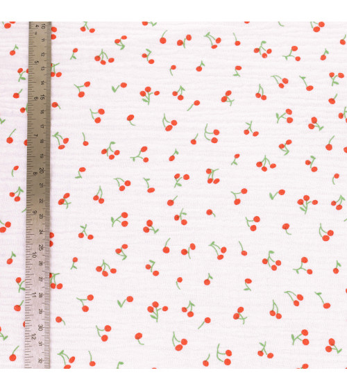 Double gauze fabric printed with small cherries by the meter