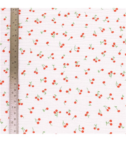 Tissu double gaze imprimée petites cerises au mètre