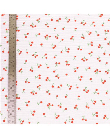 Tissu double gaze imprimée petites cerises au mètre