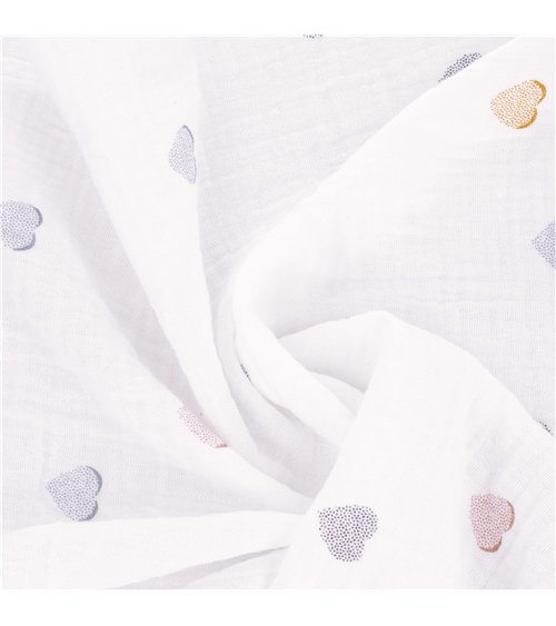 Tissu double gaze imprimée petits coeurs au mètre