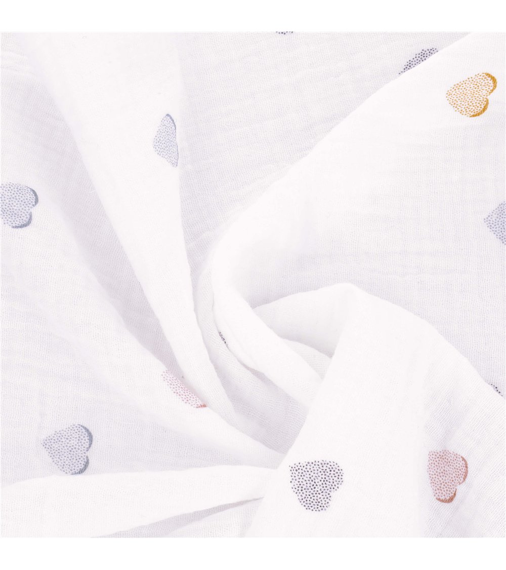 Tissu double gaze imprimée petits coeurs au mètre