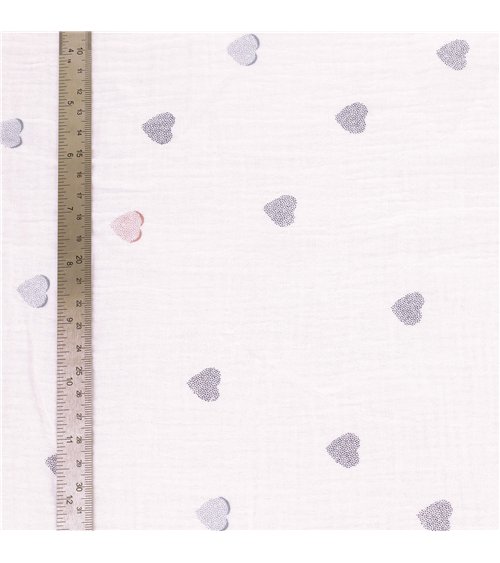 Tissu double gaze imprimée petits coeurs au mètre