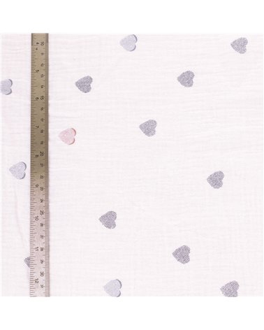 Tissu double gaze imprimée petits coeurs au mètre