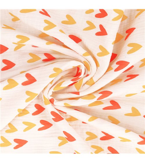 Tissu double gaze imprimée grand coeur au mètre