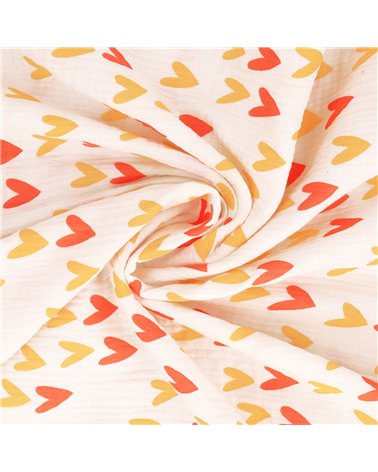 Tissu double gaze imprimée grand coeur au mètre