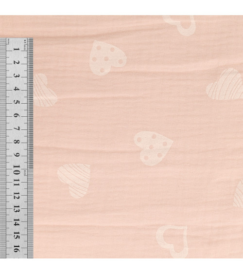 Double-Gaze-Stoff mit Herzen bedruckt, 130 g/m², rosa, Meterware