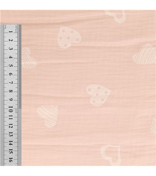 Tissu double gaze imprimée coeurs 130gsm rose au mètre