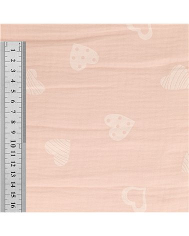 Tissu double gaze imprimée coeurs 130gsm rose au mètre