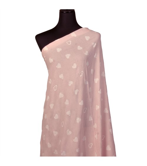 Tissu double gaze imprimée coeurs 130gsm rose au mètre