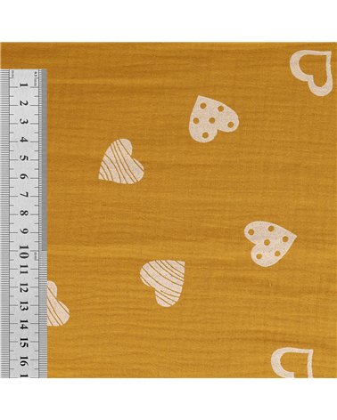 Tissu double gaze imprimée coeurs 130gsm jaune moutarde au mètre