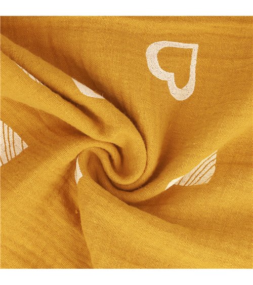 Tissu double gaze imprimée coeurs 130gsm jaune moutarde au mètre