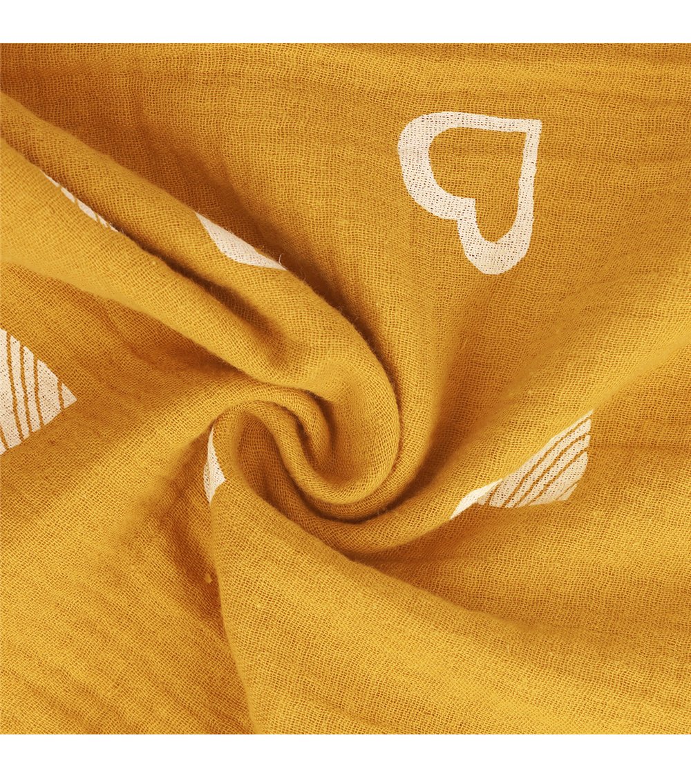Tissu double gaze imprimée coeurs 130gsm jaune moutarde au mètre