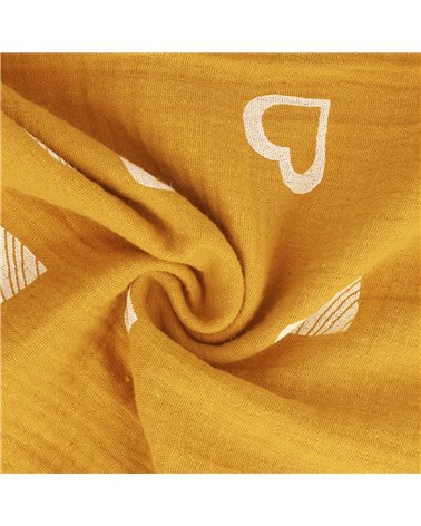 Tissu double gaze imprimée coeurs 130gsm jaune moutarde au mètre
