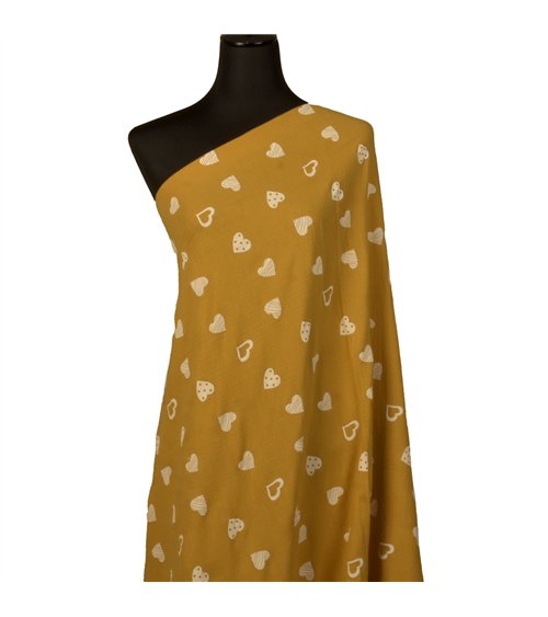 Tissu double gaze imprimée coeurs 130gsm jaune moutarde au mètre