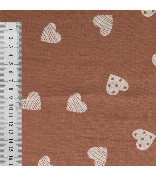 Heart printed double gauze fabric 130gsm rust by the meter