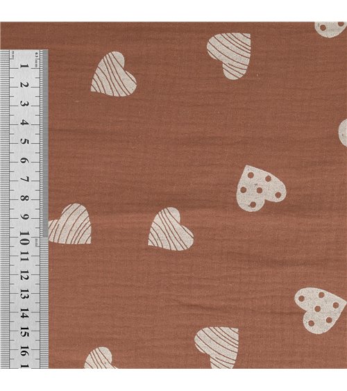 Tissu double gaze imprimée coeurs 130gsm rouille au mètre