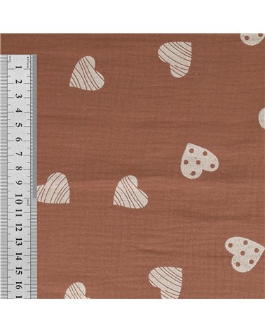 Tissu double gaze imprimée coeurs 130gsm rouille au mètre