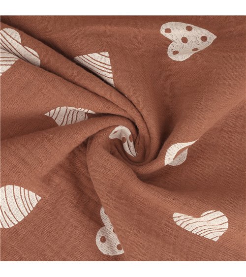 Tissu double gaze imprimée coeurs 130gsm rouille au mètre