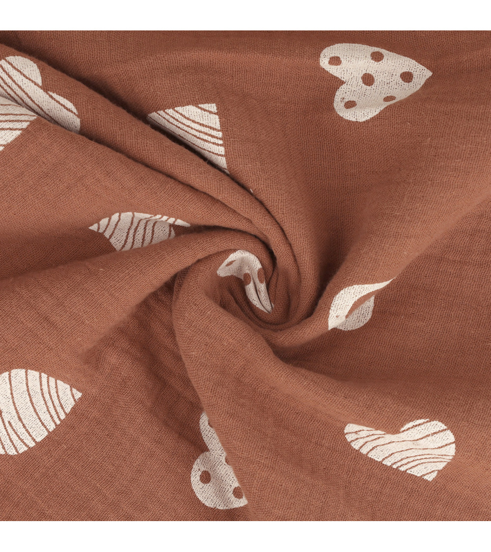 Heart printed double gauze fabric 130gsm rust by the meter