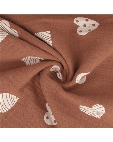 Tissu double gaze imprimée coeurs 130gsm rouille au mètre