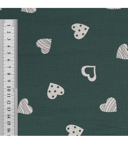 Tela doble gasa con estampado de corazones 130 g/m² verde oscuro por metro