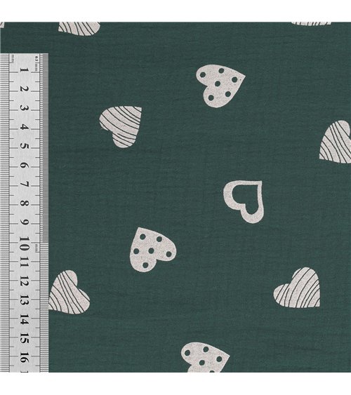Tissu double gaze imprimée coeurs 130gsm vert foncé au mètre