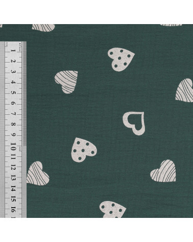 Tela doble gasa con estampado de corazones 130 g/m² verde oscuro por metro