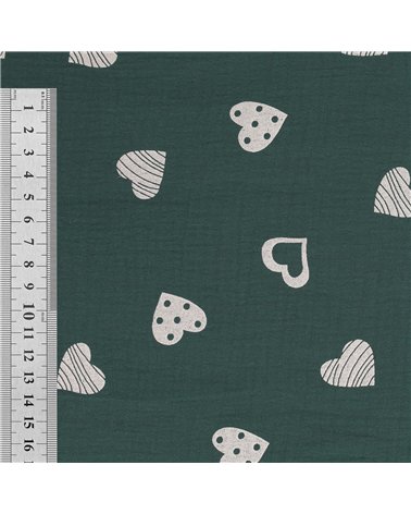 Tissu double gaze imprimée coeurs 130gsm vert foncé au mètre