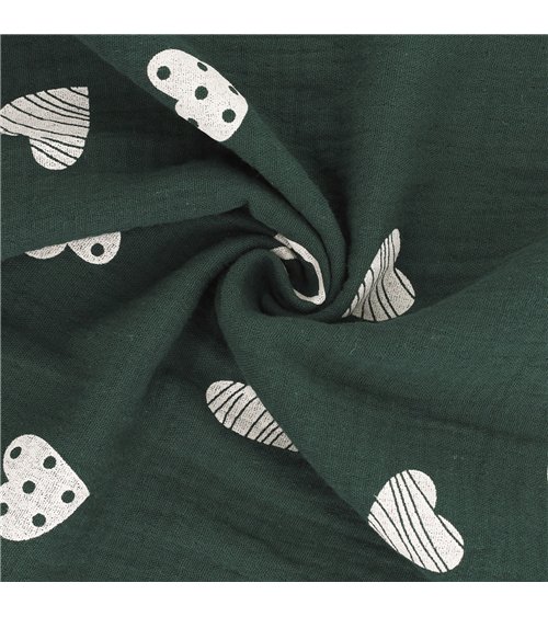 Tissu double gaze imprimée coeurs 130gsm vert foncé au mètre