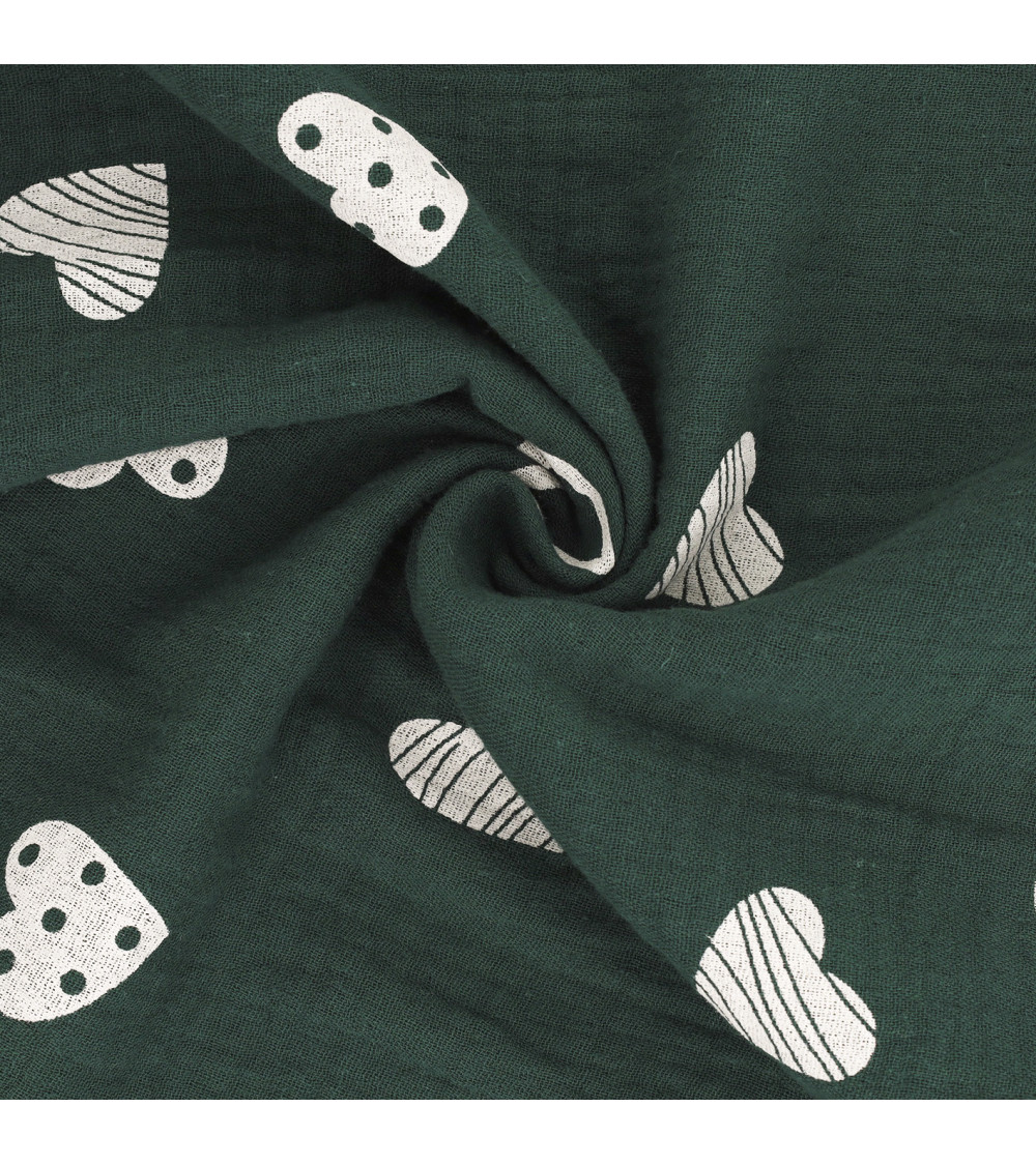 Tela doble gasa con estampado de corazones 130 g/m² verde oscuro por metro