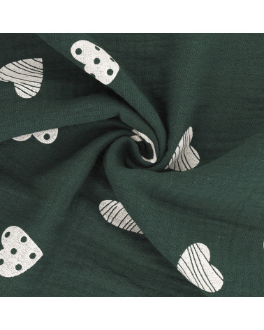 Heart printed double gauze fabric 130gsm dark green by the meter