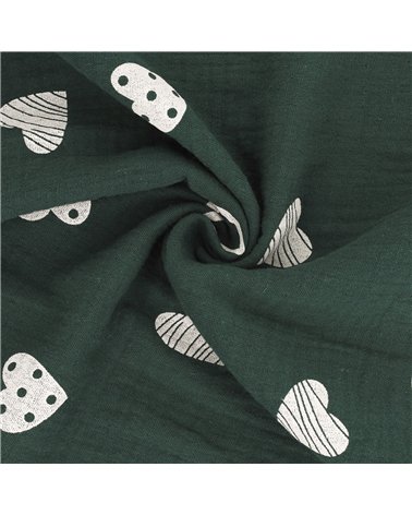 Tissu double gaze imprimée coeurs 130gsm vert foncé au mètre