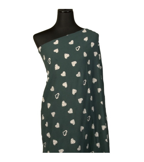 Tessuto doppia garza stampato cuori 130 g/mq verde scuro al metro