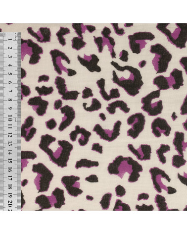 Tessuto doppia garza con stampa leopardata, 130 g/m², fondo bianco leopardo, al metro