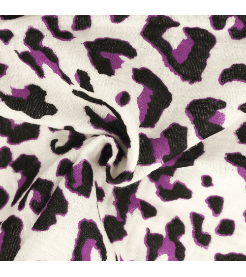 Tessuto doppia garza con stampa leopardata, 130 g/m², fondo bianco leopardo, al metro