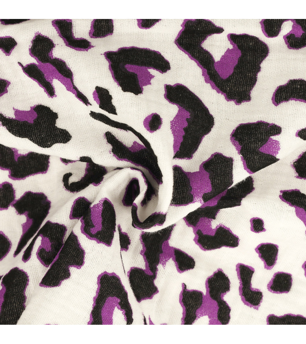 Tessuto doppia garza con stampa leopardata, 130 g/m², fondo bianco leopardo, al metro
