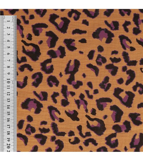 Tissu double gaze imprimée léopard 130gsm leopard fond camel au mètre