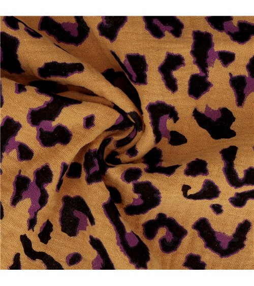 Tissu double gaze imprimée léopard 130gsm leopard fond camel au mètre