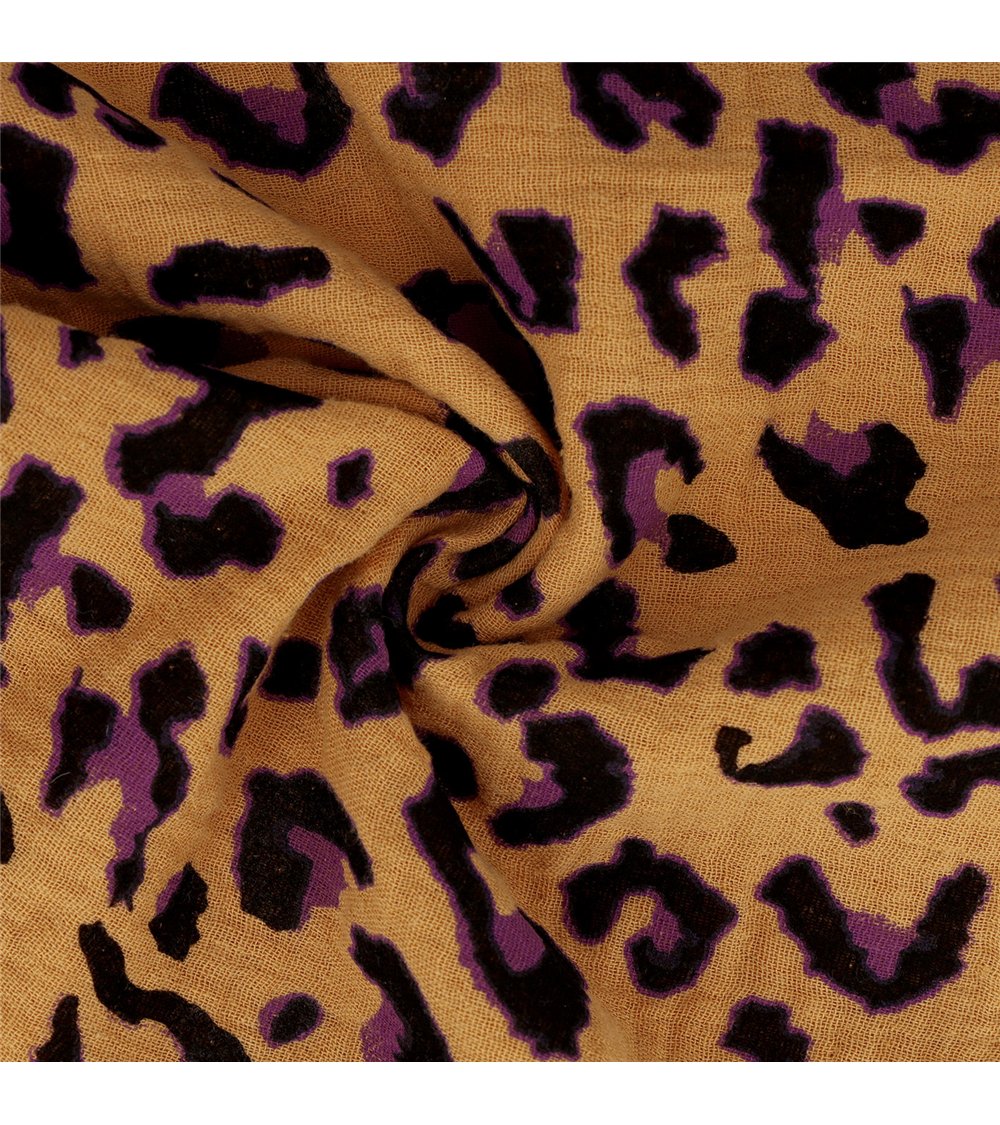Tissu double gaze imprimée léopard 130gsm leopard fond camel au mètre