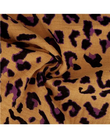Tissu double gaze imprimée léopard 130gsm leopard fond camel au mètre