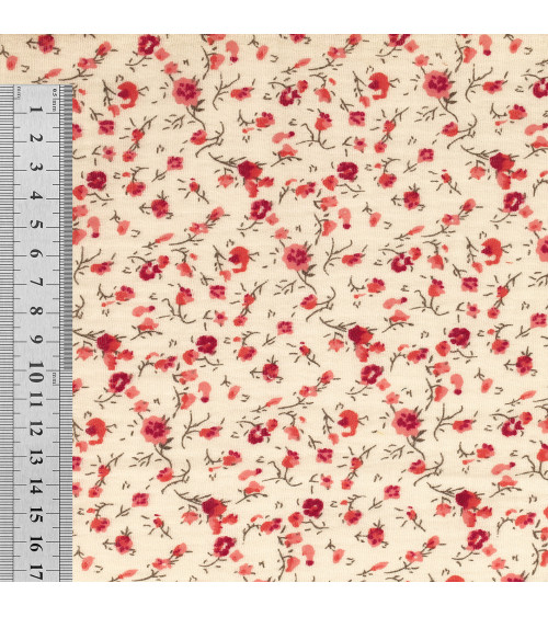 Tessuto doppia garza stampato a fiori, 130 g/m² di fiori rossi al metro