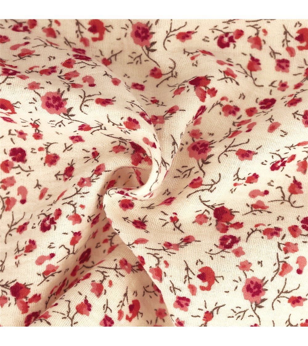Tissu double gaze imprimée fleurs 130gsm fleur rouge au mètre